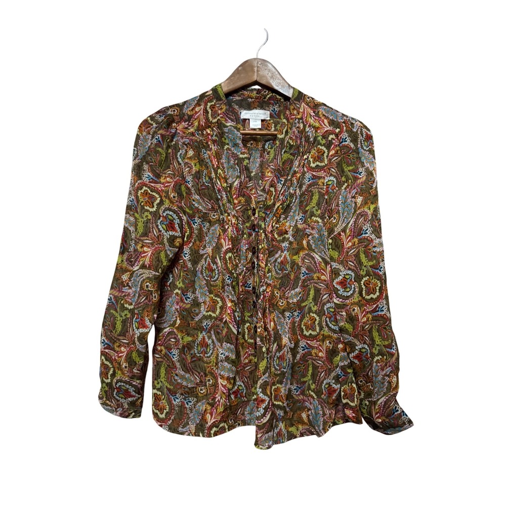 Christopher & Banks Blouse Womens PM Olive Paisley Excellent Pintuck Pleated Top